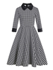Robe de Rétro Vintage 1950s Courte Imprimé Carreaux à Col Revers avec Manches Longues Coupe Cintrée Bas Evasée Bicolores Robe Femme