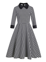 Robe de Rétro Vintage 1950s Courte Imprimé Carreaux à Col Revers avec Manches Longues Coupe Cintrée Bas Evasée Bicolores Robe Femme
