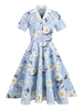 Robe de Rétro Vintage 1950s Imprimé Mi-longue avec Manches Longues à Col Revers Coupe Cintrée Bas Evasée Robe Femme