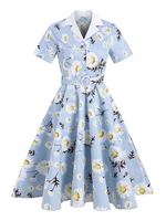 Robe de Rétro Vintage 1950s Imprimé Mi-longue avec Manches Longues à Col Revers Coupe Cintrée Bas Evasée Robe Femme