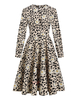 Robe de Rétro Vintage 1950s Imprimé Mi-longue avec Manches Longues à Col Rond Coupe Cintrée Bas Evasée Robe Femme