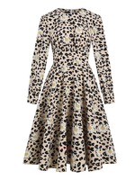 Robe de Rétro Vintage 1950s Imprimé Mi-longue avec Manches Longues à Col Rond Coupe Cintrée Bas Evasée Robe Femme
