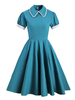 Robe de Rétro Vintage 1950s Mi-longue avec Manches Longues à Col Revers Coupe Cintrée Bas Evasée Unicolore Robe Femme