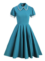 Robe de Rétro Vintage 1950s Mi-longue avec Manches Longues à Col Revers Coupe Cintrée Bas Evasée Unicolore Robe Femme