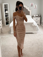 Robe de soirée à paillettes avec ourlet asymétrique robe mi-longue froncée à épaules dénudées pour femme 2025