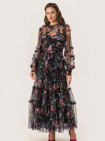 Robe de soirée à volants et manches illusion superposées Robe longue folklorique élégante
