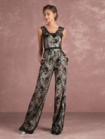 Robe de soirée 2021 Combinaison noire dentelle V cou sans manches dos nu jambe droite formelle Jumpsuit habillés en soirée Milanoo