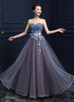 Robe de Soirée 2021 Robe Sans Bretelles en tulle Robe de Bal A Ligne Longueur Plancher à Lacet Applique Robe de Fête avec Sash Robe d\