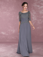 Robe de soirée 2022 robe sublime de soirée A-ligne en chiffon gris avec perles col rond longueur plancher