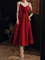 Robe de soirée A-ligne à encolure en V mat Satin longueur de thé Volants Robes de dîner formelles