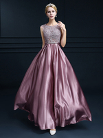 Robe de soirée A-ligne bijou cou parole longueur sans manches fermeture éclair appliques satin tissu robes de soirée sociale