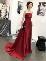 Robe de soirée A-ligne bretelles tribunal train sans manches fermeture éclair plissée satin tissu robes de soirée formelle