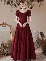 Robe de soirée A-ligne col en cœur longueur au sol manches courtes à lacets Jacquard robes de dîner formelles