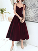 Robe de soirée A-ligne col en V mat satin thé longueur arcs Spaghetti robes de soirée formelles