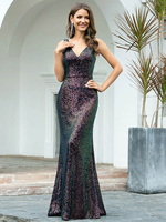 Robe de soirée A-ligne col en V-parole longueur dos nu paillettes robes de soirée sociale