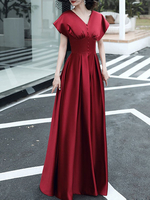 Robe de soirée A-ligne col en V-parole longueur manches courtes Boutons à lacets Tissu en satin Robes de soirée sociale