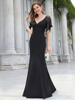 Robe de soirée A-ligne col en V-parole longueur manches courtes fermeture éclair tissu en satin robes de soirée formelle