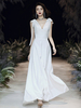 Robe de soirée A-ligne col en V-parole longueur sans manches fermeture éclair noeuds satin robe de bal en tissu