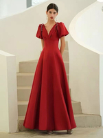 Robe de soirée A-ligne Col en V Tissu en satin Longueur au sol Arcs Robes de soirée sociale