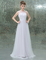 Robe de soirée A-ligne en tulle blanc brodé à col rond