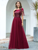 Robe de soirée A-ligne Jewel Neck-parole longueur manches courtes gland Zipper en mousseline de soie robes de soirée sociale