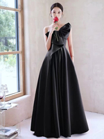 Robe de soirée A-ligne une épaule en tissu satiné longueur au sol nœuds robes de dîner formelles