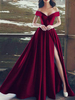 Robe de soirée A-line col en V en satin longeur au sol à fente Robes de soirée formelles