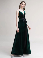 Robe de soirée A Line V Neck Velour Floor Length Sash Social Pageant Dresses