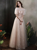 Robe de soirée abricot A-ligne bijou cou demi-manches à lacets appliques longueur au sol dentelle robes de dîner formelles
