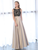 Robe de soirée argent col rond en dentelle décolleté longueur cheville