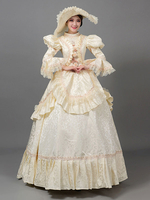 Robe De Soirée Beige Rétro Costumes Floral Polyester Tunique Chapeau Robe Vintage Marie Antoinette Déguisement