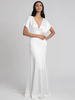 Robe de soirée blanche A-ligne col en V avec train demi-manches boutons à glissière en tissu satiné robes de dîner formelles