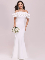 Robe de soirée blanche sirène col bateau sans manches dos nu volants tissu en satin longueur au sol robes de dîner formelles