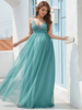 Robe De Soirée Bleu Cyan A-Ligne Col En V Sans Manches Tulle Longueur Sol Dentelle Robes De Soirée Formelles