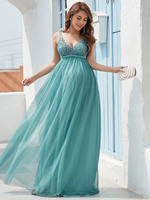 Robe De Soirée Bleu Cyan A-Ligne Col En V Sans Manches Tulle Longueur Sol Dentelle Robes De Soirée Formelles