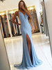 Robe de soirée bleu en Lycra Elasthanne col V jupe fendu robe de cérémonie