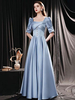 Robe de soirée bleu en satin col carré demi-manche laçage sur dos longeuur au sol robe de cérémonie