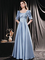 Robe de soirée bleu en satin col carré demi-manche laçage sur dos longeuur au sol robe de cérémonie