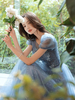Robe de soirée bleu gris A-ligne bijou cou dentelle appliques à lacets longueur au sol robes de soirée formelles