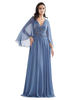 Robe de soirée bleu gris pour mère de la mariée en mousseline de soie châle col en v manches longues une ligne appliques longueur de plancher robes de mariée tenue
