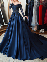 Robe de soirée bleu marine en satin encolure en coeur manche longue décoré des perles à traîne robe de cérémonie