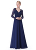 Robe de soirée bleu marine en satin streche col V manche longue au sol