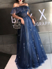 Robe de soirée bleu marine manches courtes une ligne sur lépaule longueur au sol à lacets volants robes de soirée sociale