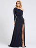 Robe de soirée bleu marine profonde une épaule avec train manches longues Criss-Cross Lycra Spandex gaine robes de soirée sociale