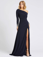 Robe de soirée bleu marine profonde une épaule avec train manches longues Criss-Cross Lycra Spandex gaine robes de soirée sociale