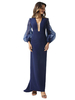 Robe de soirée bleu marine sirène col en V avec train manches longues fermeture éclair ceinture stretch crêpe robes de soirée sociale