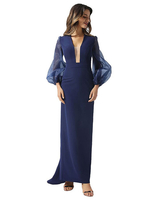 Robe de soirée bleu marine sirène col en V avec train manches longues fermeture éclair ceinture stretch crêpe robes de soirée sociale