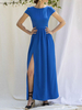 Robe de soirée bleu royal A-ligne bijou cou cheville-longueur manches courtes dos nu fendu devant stretch crêpe robes de soirée sociale
