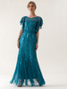 Robe de soirée bleu sarcelle à col bijou et paillettes à manches courtes robe semi-formelle