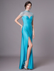 Robe de soirée bleu sarcelle Illusion Perlée Robe de bal bijou col à manches courtes et longue fendue Robe fourreau Longueur Milanoo